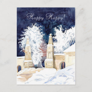 Winter gate at night watercolor postcard