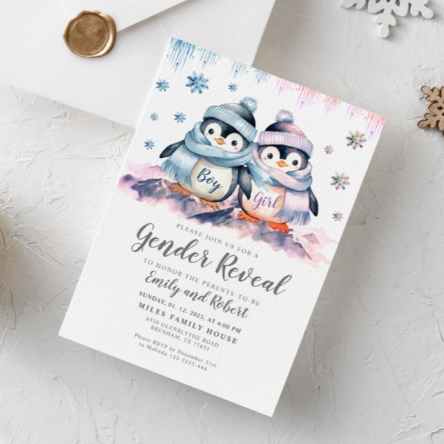 Winter Gender Reveal, Baby Shower Penguin  Invitation (Creator Uploaded)