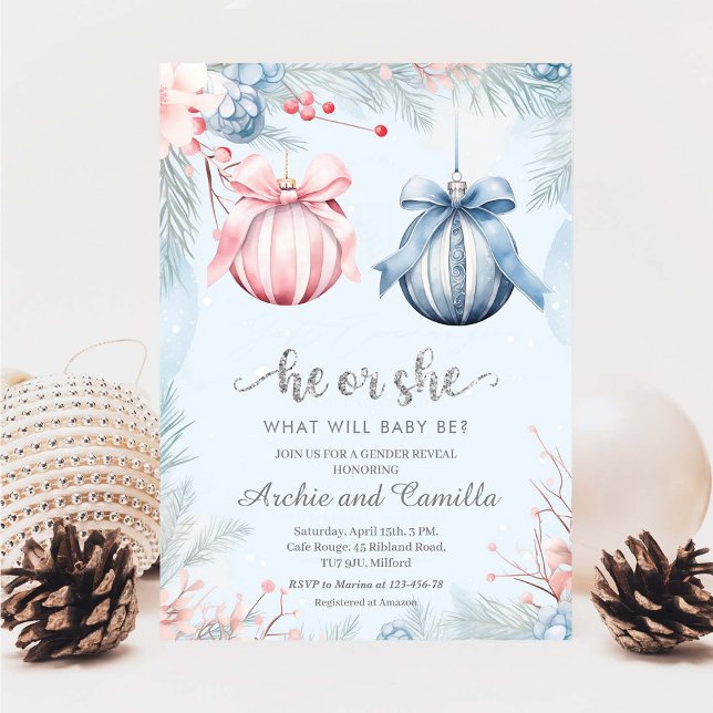 Winter Gender Reveal He Or She Party Invitation (Creator Uploaded)