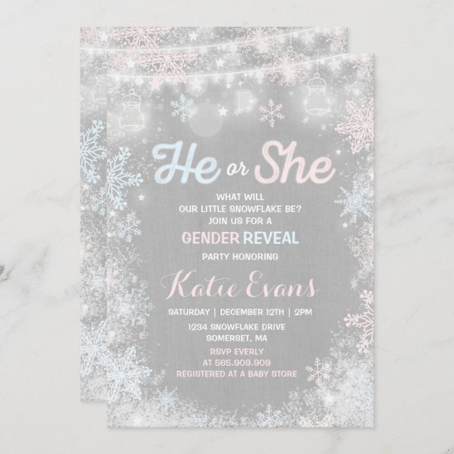 Winter Gender Reveal Invitation Rustic Reveal (Front/Back)
