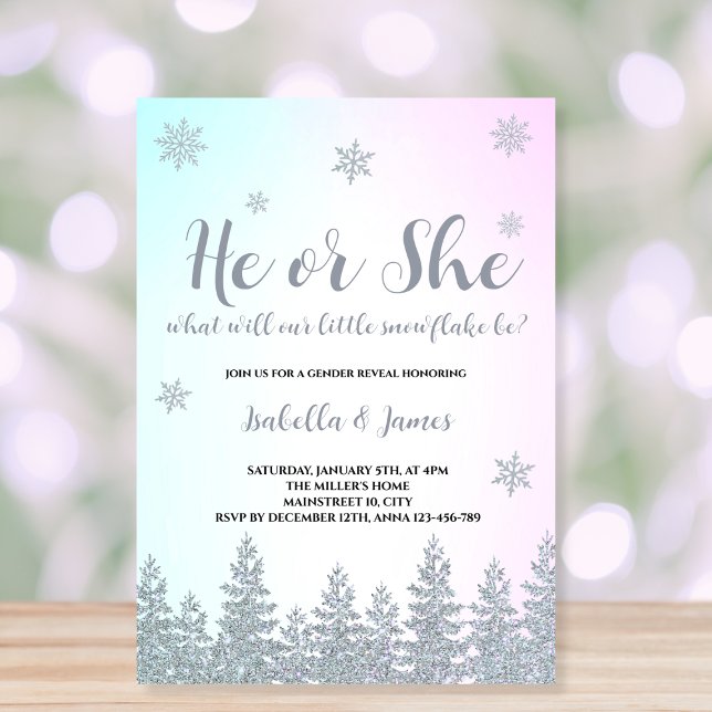 Winter Gender Reveal Snowflake He or She  Invitation (winter gender reveal invitation he or she snowflake pink or blue)