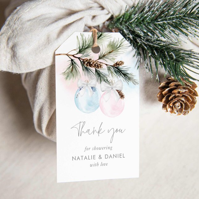 Winter Gender Reveal Thank you Tag (Elegant Pink and Blue Winter Baby Shower Tags)