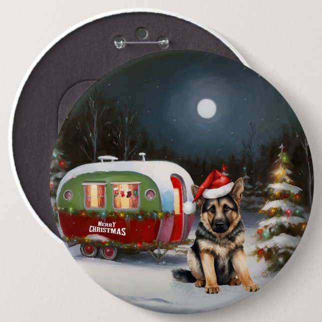 Winter German Shepherd Caravan Christmas Adventure 6 Cm Round Badge (Front & Back)