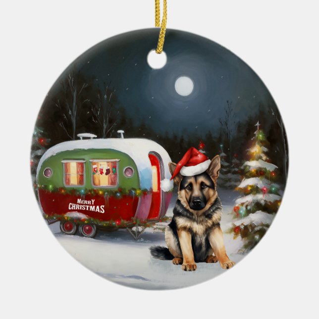 Winter German Shepherd Caravan Christmas Adventure Ceramic Ornament (Front)
