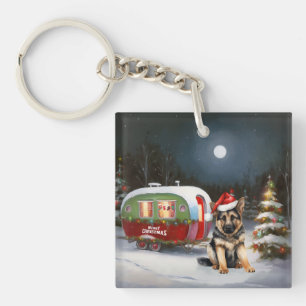 Winter German Shepherd Caravan Christmas Adventure Key Ring