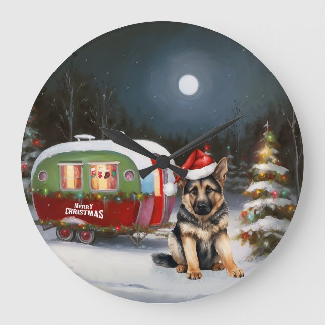 Winter German Shepherd Caravan Christmas Adventure Large Clock (Front)