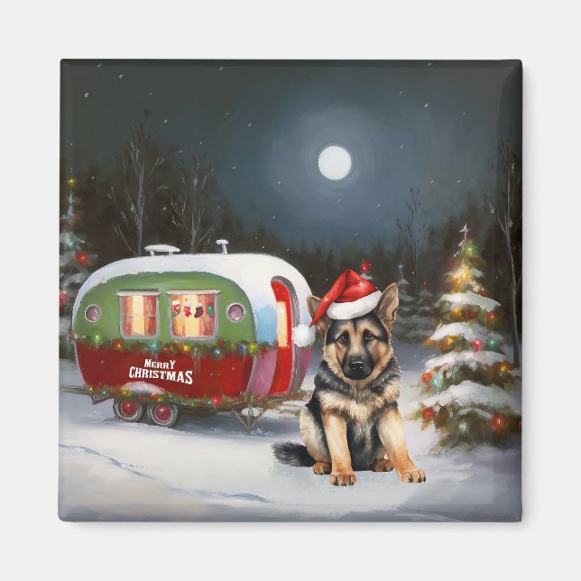 Winter German Shepherd Caravan Christmas Adventure Magnet (Front)