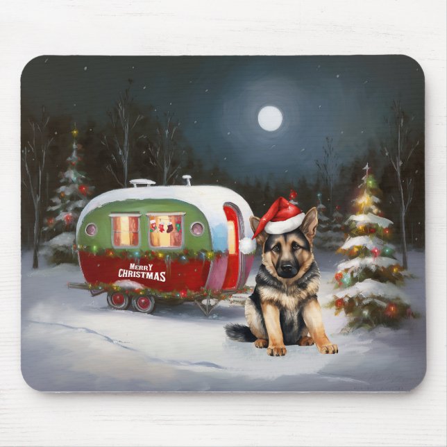 Winter German Shepherd Caravan Christmas Adventure Mouse Pad (Front)