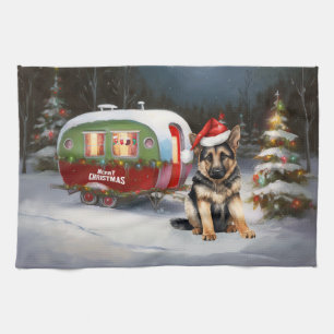 Winter German Shepherd Caravan Christmas Adventure Tea Towel