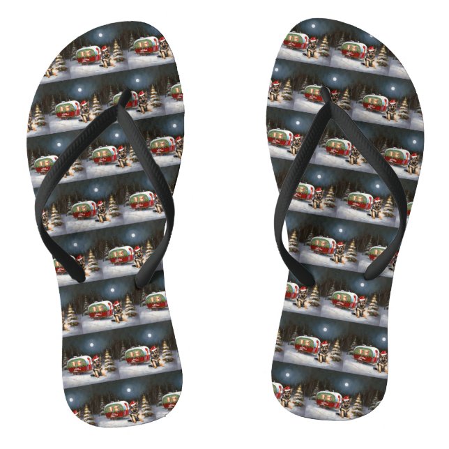 Winter German Shepherd Caravan Christmas Adventure Thongs (Footbed)