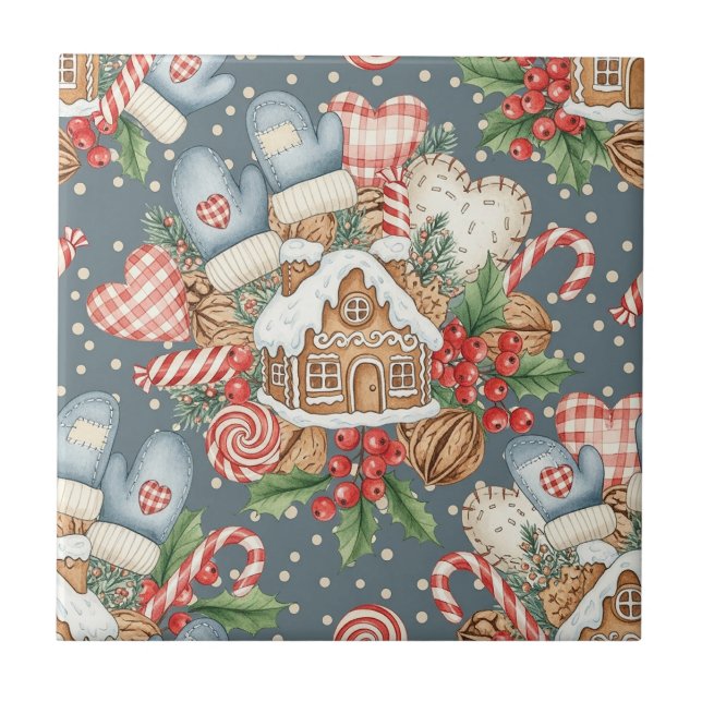 Winter Gingerbread Cottage - Mittens Ceramic Tile (Front)