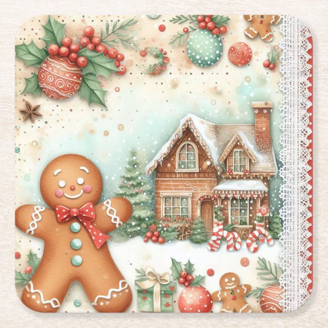 Winter Gingerbread Man House Ornaments Square Paper Coaster (Front)