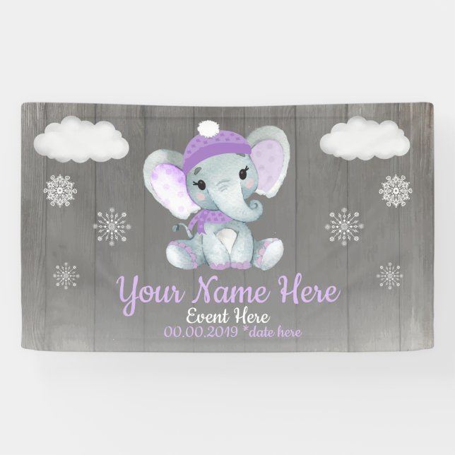 Winter Girl Elephant Backdrop Purple Snowflakes Banner (Horizontal)