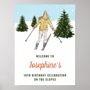 Winter Girl Skiing Downhill Ski Birthday Welcome Poster