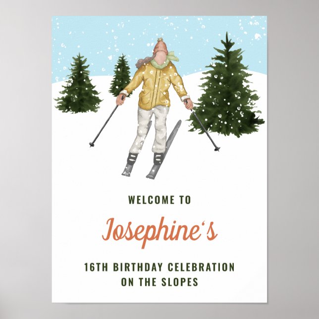 Winter Girl Skiing Downhill Ski Birthday Welcome Poster (Front)