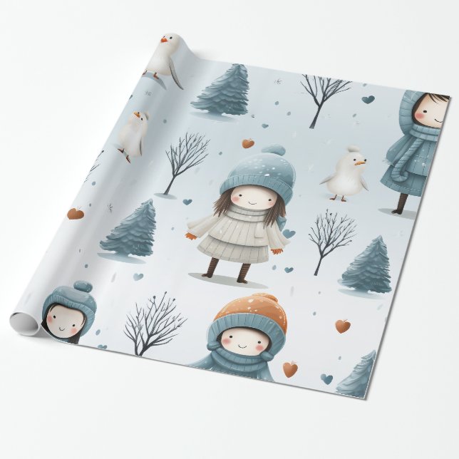 Winter Girl Trees and Birds Wrapping Paper (Unrolled)