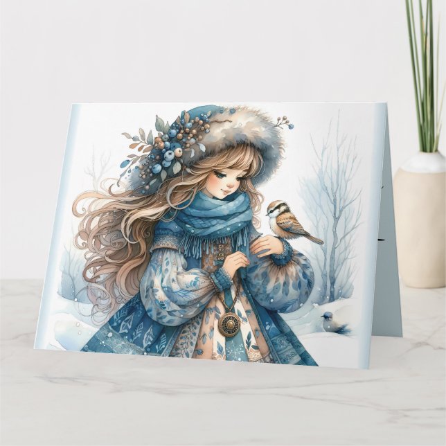 Winter Girl with Bird in Blue Floral Coat Card (Front)