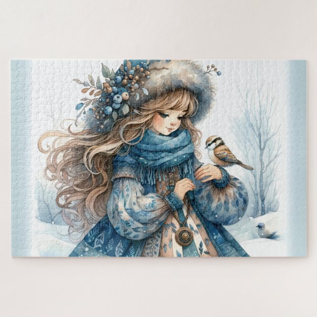 Winter Girl with Bird in Blue Floral Coat Jigsaw Puzzle (Horizontal)