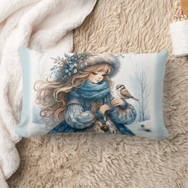 Winter Girl with Bird in Blue Floral Coat Lumbar Cushion (Blanket)