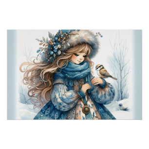Winter Girl with Bird in Blue Floral Coat Poster