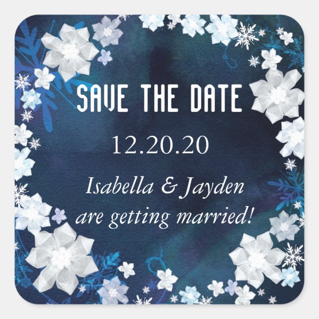 Winter Glam Navy Blue Wedding Save the Date Square Sticker (Front)