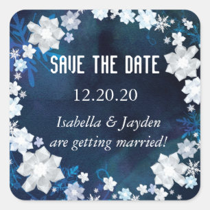 Winter Glam Navy Blue Wedding Save the Date Square Sticker