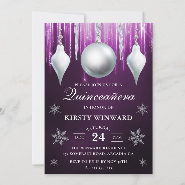 Winter Glass Baubles & Snowflakes Quinceanera Invitation (Front)