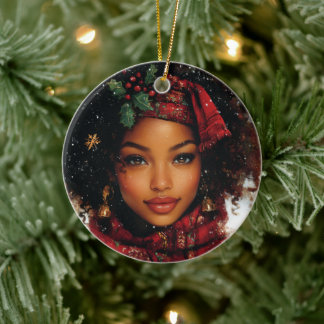 Winter Glow Afrocentric Queen – Holiday Art Ceramic Ornament
