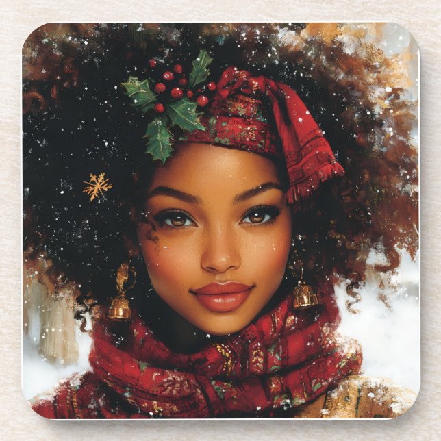 Winter Glow Afrocentric Queen – Holiday Art Coaster (Front)