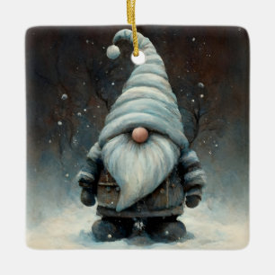 Winter Gnome in a Snowy Forest Ceramic Ornament