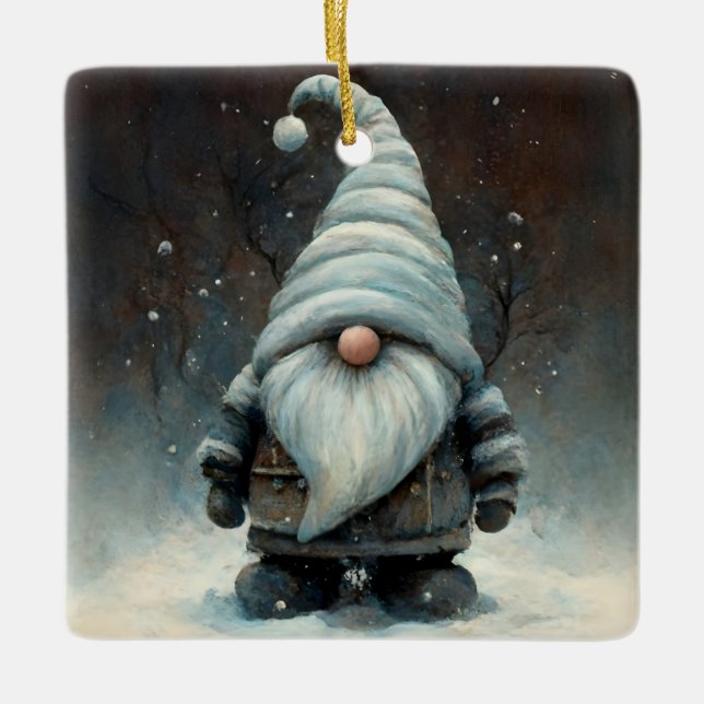 Winter Gnome in a Snowy Forest Ceramic Ornament (Front)