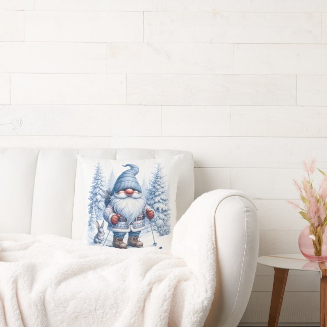 Winter Gnome Skiing With a Bunny Cushion (Couch)