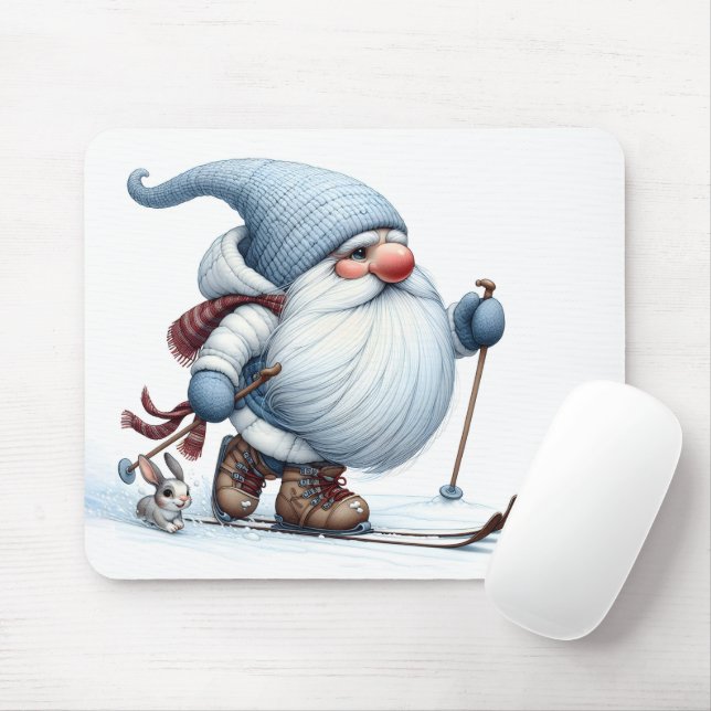 Winter Gnome Skiing With a Bunny Mouse Pad (With Mouse)