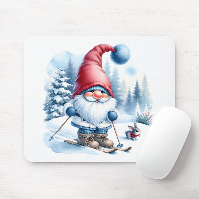 Winter Gnome Skiing With a Bunny Mouse Pad (With Mouse)