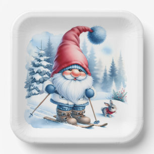 Winter Gnome Skiing With a Bunny Paper Plate