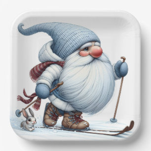 Winter Gnome Skiing With a Bunny Paper Plate