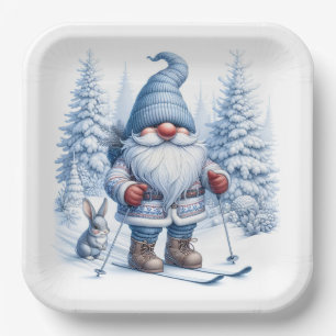 Winter Gnome Skiing With a Bunny Paper Plate