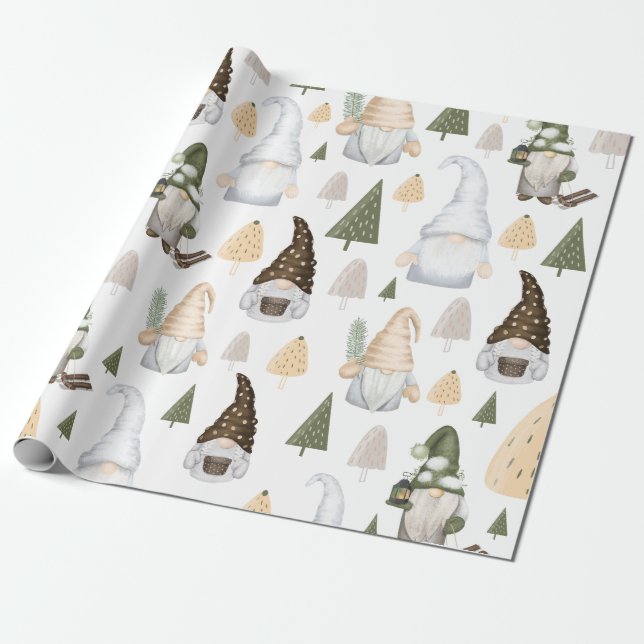 Winter Gnomes Trees White Wrapping Paper (Unrolled)