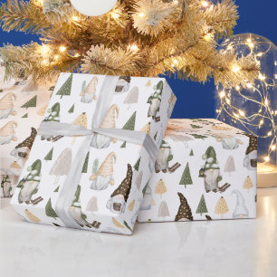Winter Gnomes Trees White Wrapping Paper