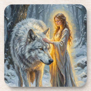 Winter Goddess & White Wolf Coaster