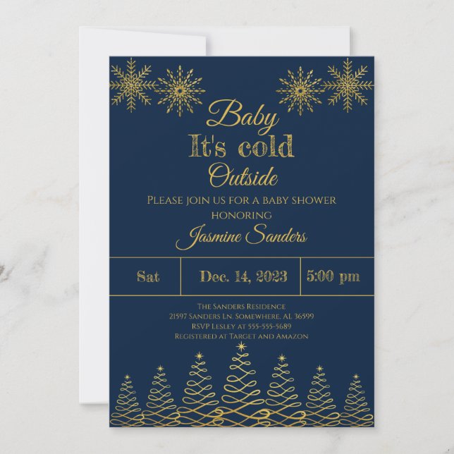 Winter Gold and Navy Snowflake Baby Shower Invitation (Front)