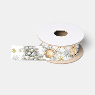 Winter Gold and Silver Pine Tree Satin Ribbon