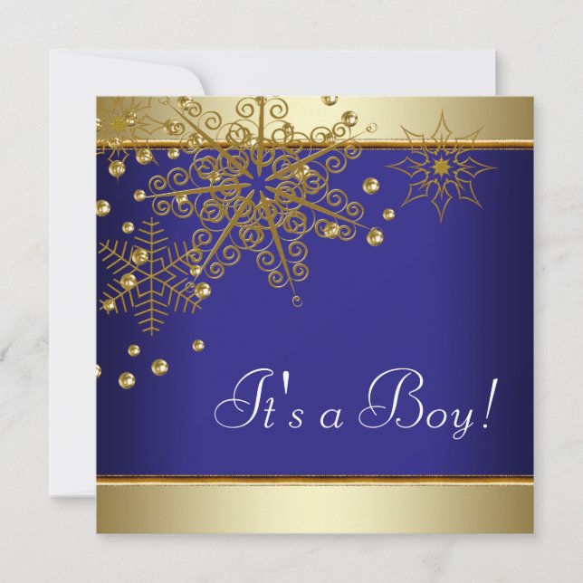 Winter Gold Blue Snowflakes Baby Boy Shower Invitation (Front)