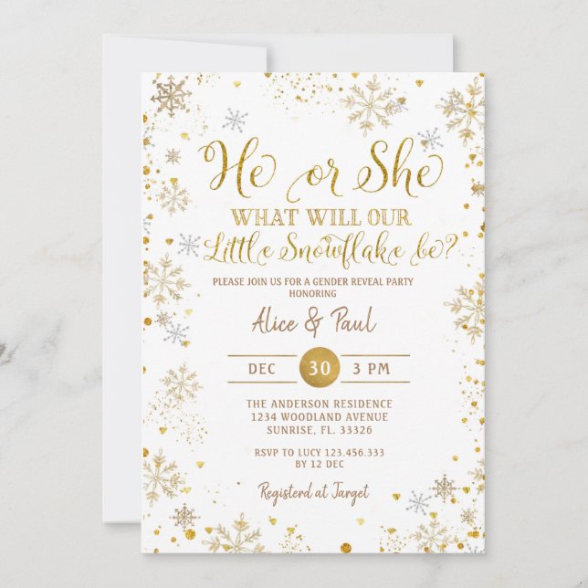 Winter Gold He or She Gender Reveal Party  Invitation (Front)