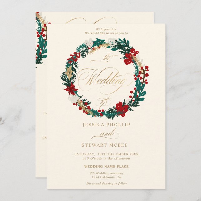 Winter gold ivory all in one calligraphy wedding invitation (Front/Back)