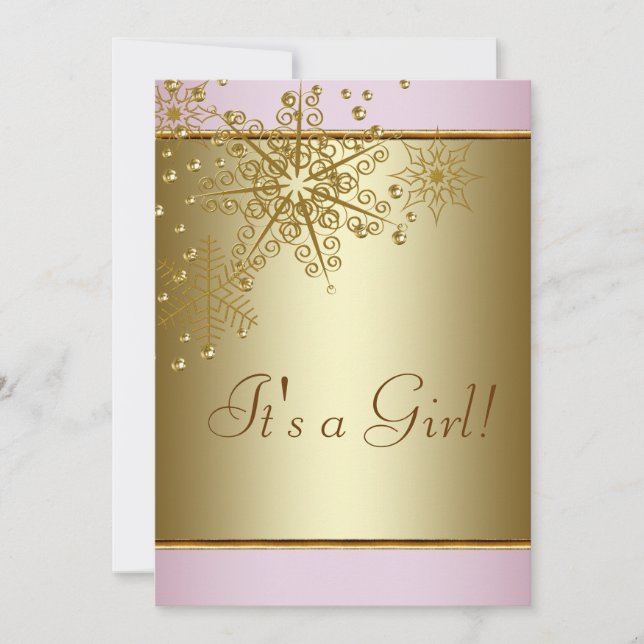 Winter Gold Pink Snowflakes Baby Girl Shower Invitation (Front)