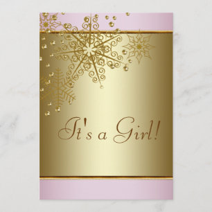 Winter Gold Pink Snowflakes Baby Girl Shower Invitation