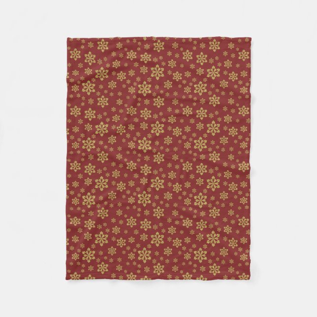Winter Gold Snowflake Pattern on Red Fleece Blanket (Front)