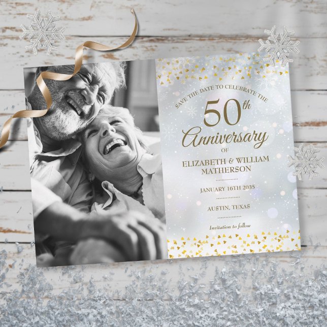 Winter Golden 50th Anniversary Save the Date Photo Announcement Postcard (Creator Uploaded)