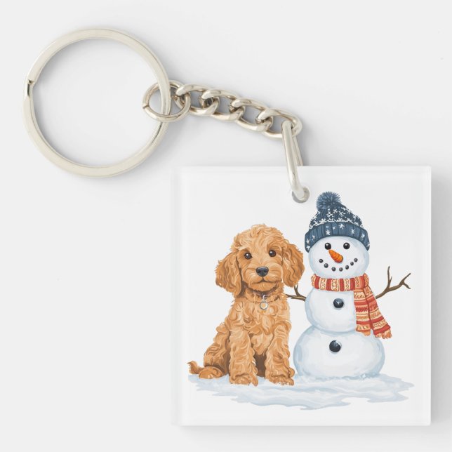 Winter Goldendoodle Dog Cute Snowman Key Ring (Front)